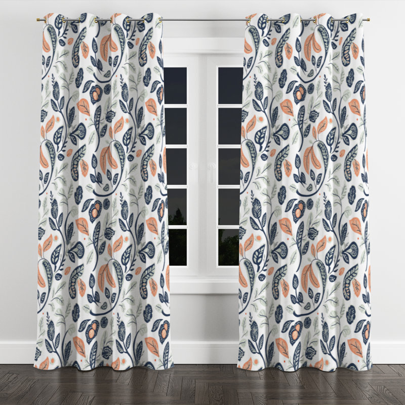 Rideaux en velours Boho - rideau à œillets à motif cachemire botanique orange - 1 panneau, L 52 po x L 90 po, Œillets dorés
