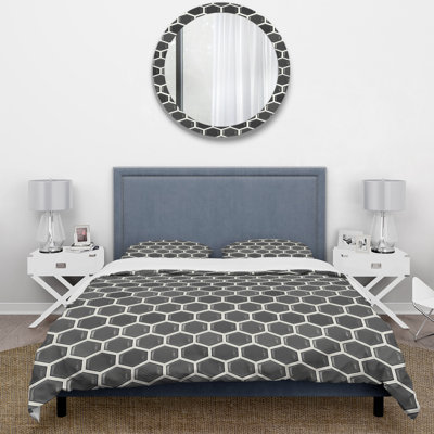 Ensemble de housse de couette gris blanc hexagonal II - Mid-Century
