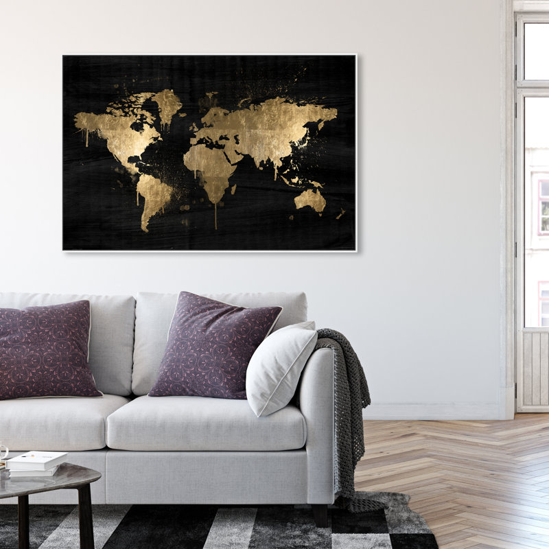 «Mapamundi Gold», reproduction d'impression sur toile, Cadre blanc, H 45 po x l 30 po