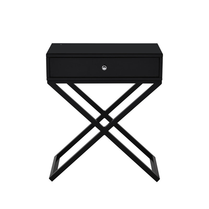 Koraldo 23"W Black Wooden End Side Table Nightstand With Glass Top, Black