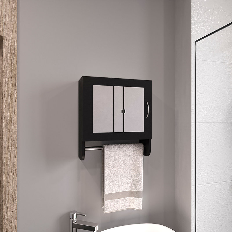 Armoire à pharmacie à miroir avec porte-serviettes, une porte avec deux tablettes intérieures, Noir