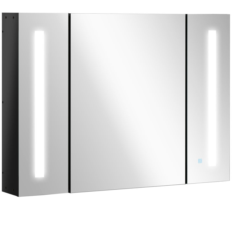 Kleankin LED Lighted Medicine Cabinet With Mirror, 35.5"W X 25.5"H Wall Mounted Bathroom Cabinet With 3 Cupboards, Memory Function, USB Charge, High Gloss Black