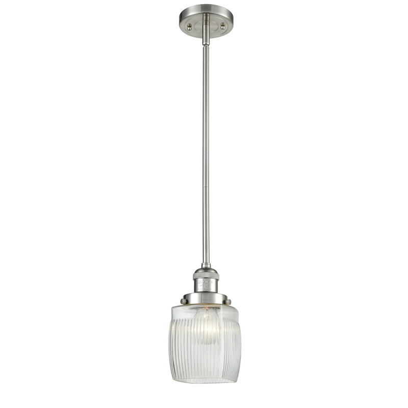 Luminaire suspendu cylindrique à 1 lumière Mireya, Halophane transparent, Nickel satiné brossé, Ampoule DEL 6 watts Vinage