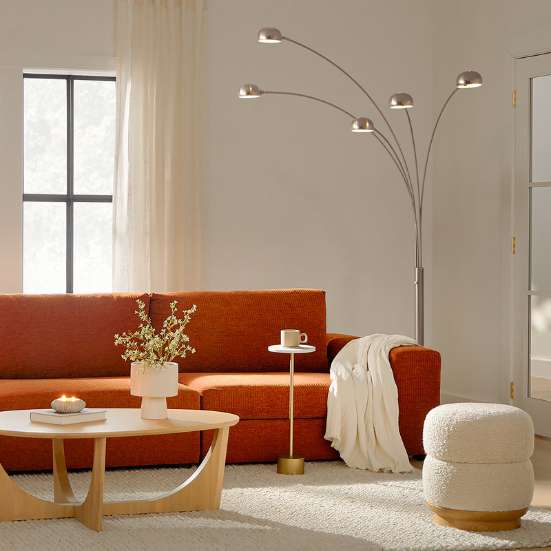 Lampe sur pied à arc 5 lumières Mushroom - gradateur, base en marbre, Nickel satiné