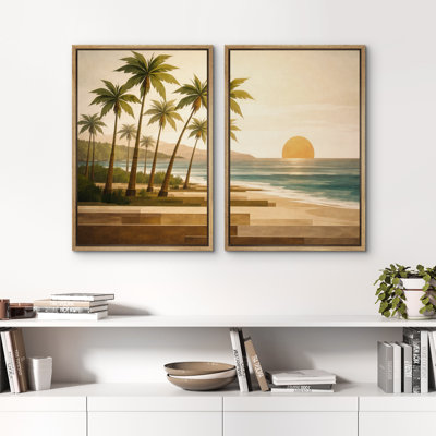 «Retro Coastal Sunset with Geometric Architecture Seaside Landscape», reproduction d'art sur toile encadrée pour chambre à coucher principale, 2 pièces