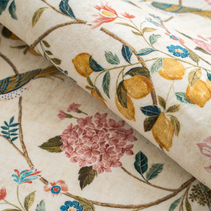 Botanical Floral Washable Non-Slip Area Rug, Beige/Pink, 6'R