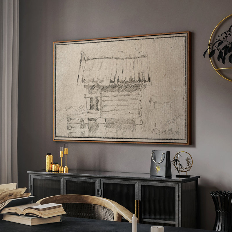 Croquis rétro-Lxxiv, Toile encadrée noyer flottant, H 27 po x l 41 po x P 2 po
