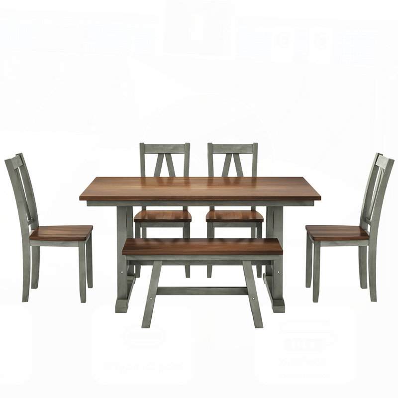 Ensemble de table de salle à manger en bois 6 pièces avec banc long et 4 chaises, style campagnard rustique pour les réunions de famille