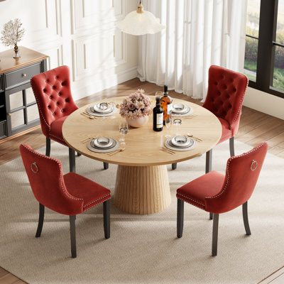 Round Dining Table Set with 4 Upholstered Tufted Chairs, Mid‑Century Dining Room Table Set for Kitchen Breakfast Nook