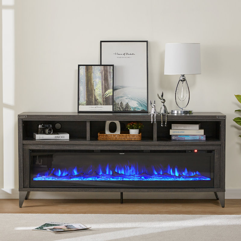 Bowrah TV Stand for TVs up to 75" with Electric Fireplace Included, Grey, Grey