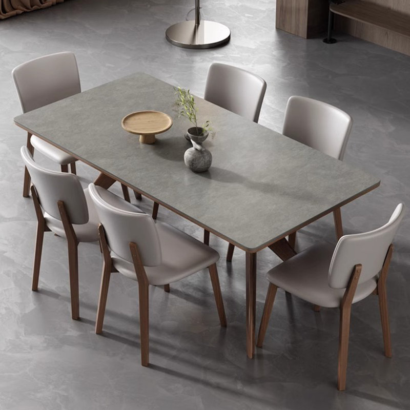 Minimalist Gray Rectangular Rock-Plate Table Chair 6 - Person Trestle Dining Set, 29.5"H x 62.9"L x 31.4"W