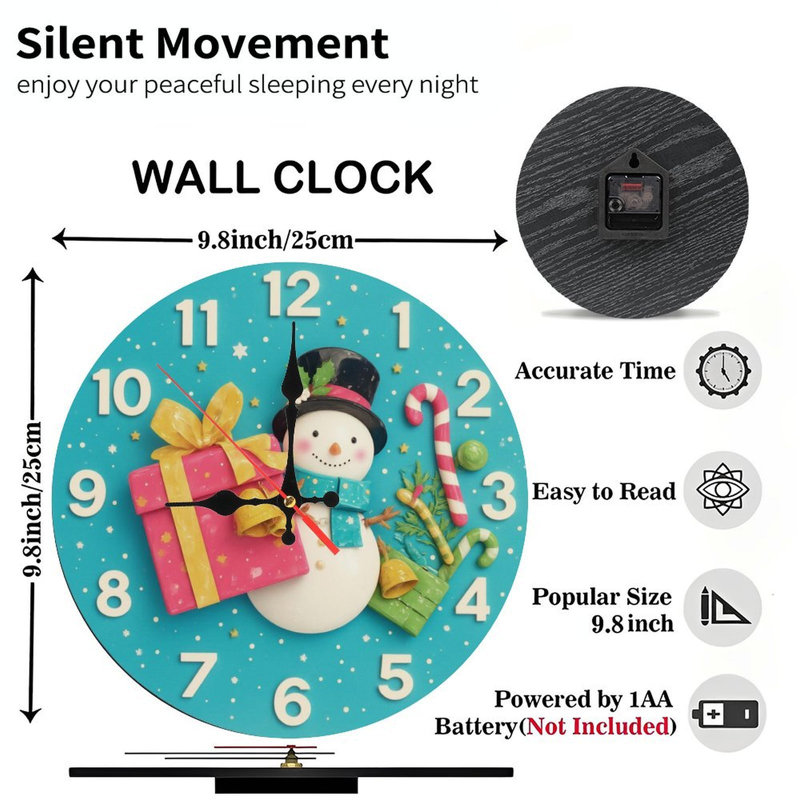 Noël-Horloge-Bonhomme de neige-Cadeaux