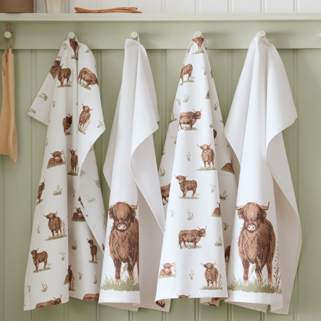 Catherine Lansfield Angus Highland Cow Cotton Kitchen Tea Towel Pack Of 4 Natural - Natural - Image 6
