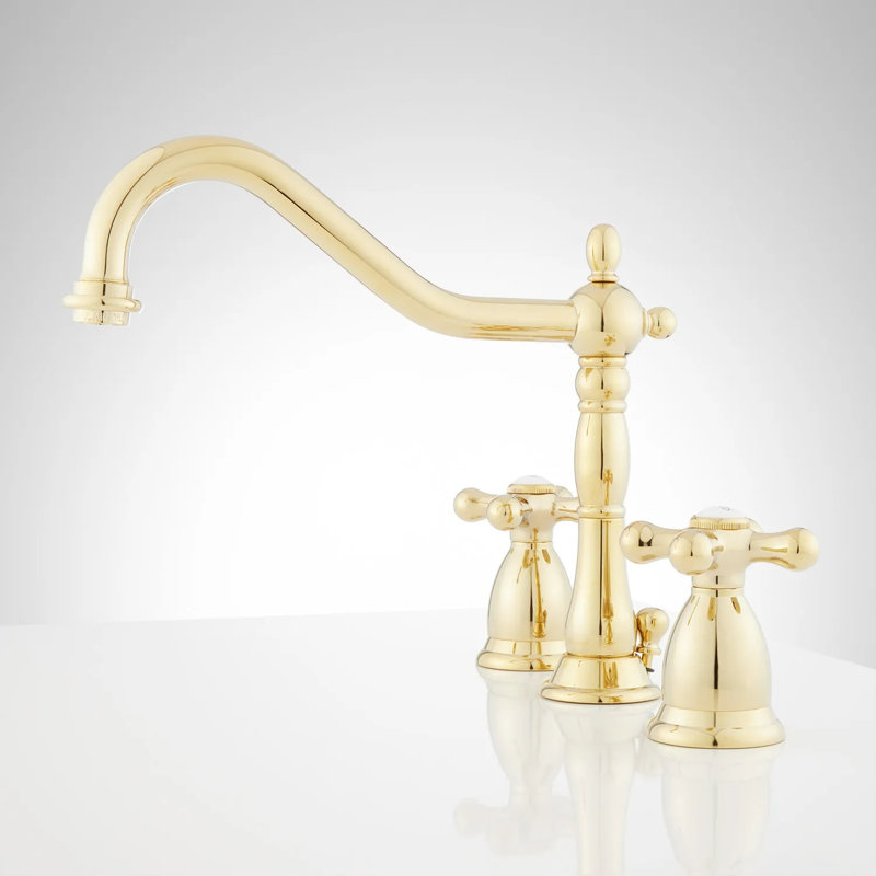 Victorian Widespread Bathroom Faucet with Cross Handles, Polished Brass