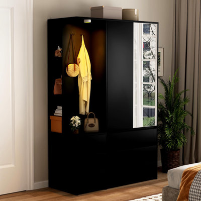 Garde-robe H 71,7 po, garde-robe de chambre en bois avec 2 portes et 6 tiroirs, armoire de rangement pour vêtements moderne avec tablettes de rangement et rail de suspension, noir