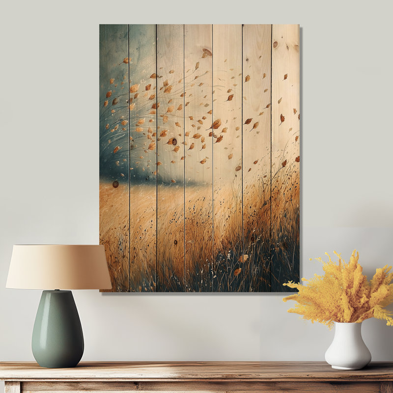 «Meadow Windy Prairie Leaves I», art mural en bois sur bois de pin naturel, H 32 po x l 24 po x P 0,78 po