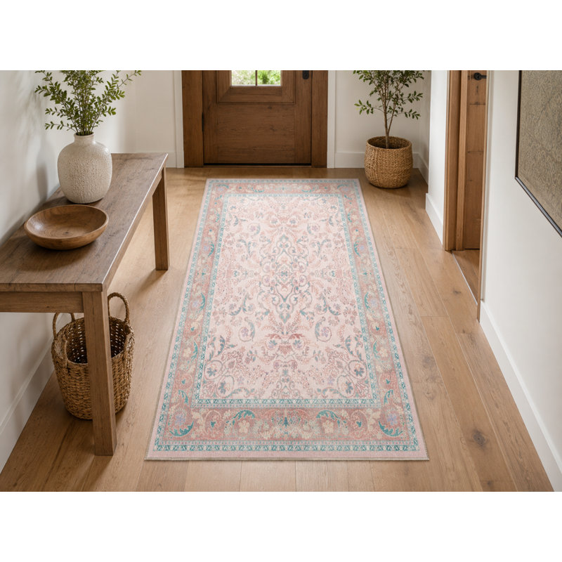 Tapis décoratif moderne rose clair à motif lavable, Rectangle 2 pi 4 po x 4 pi