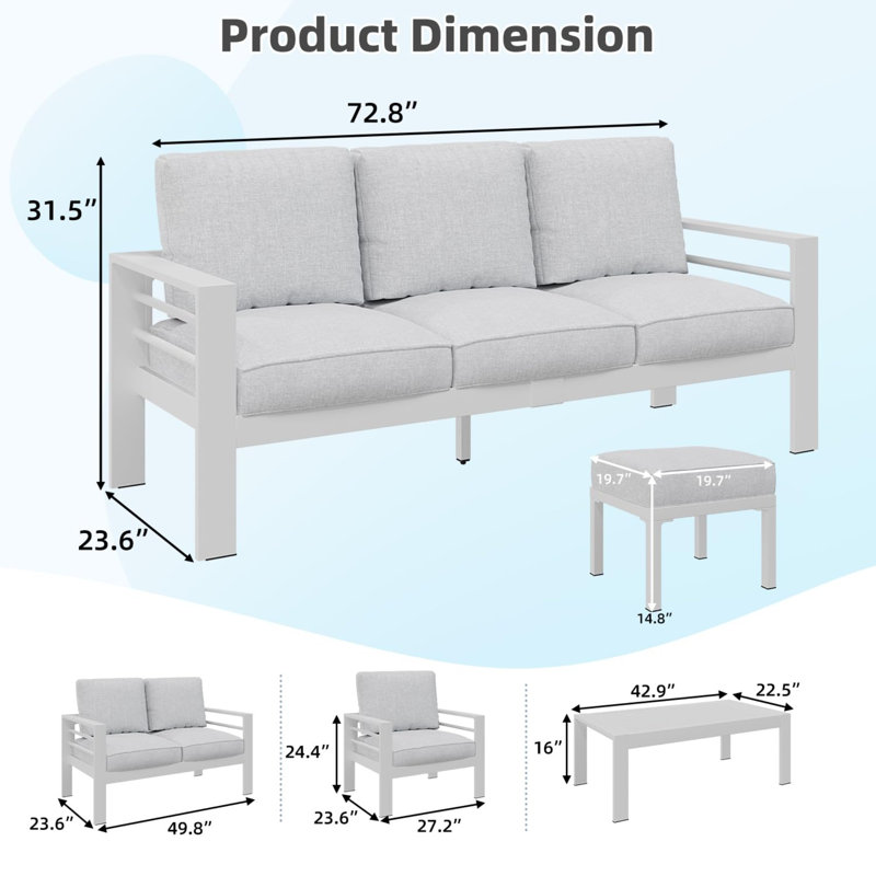 Aluminum Patio Furniture Set With Fire Pit Table, Light Gray Cushion/White Frame