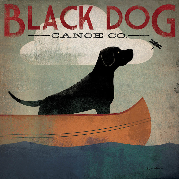 « black dog canoë co. ii »-affiche rétro sur toile tendue, H 18 po x l 18 po x P 1,5 po
