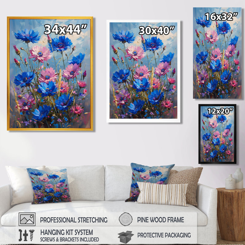 «Blue Blue Meadow Cornflowers Serenity» - Art mural bleuets, Toile avec cadre flottant brun, H 32 po x l 16 po x P 1 po