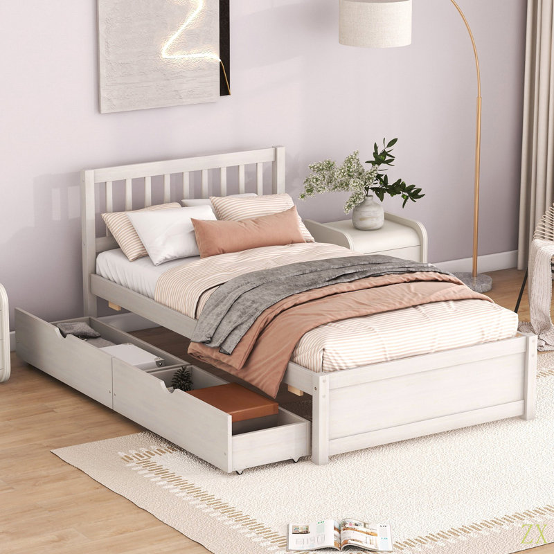 Lit simple en bois d'hévéa avec rangement peu encombrant - chambre et chambre d'amis indispensables