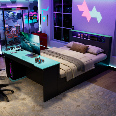 Wood Daybed with Trundle, Gaming Desk, RGB LED Light & USB Charging, Multi-Functional Bed for Gamers, Students & Small Bedrooms