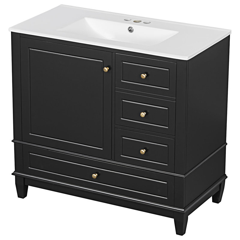 Meuble-lavabo autoportant avec lavabo en céramique, Noir, Doré