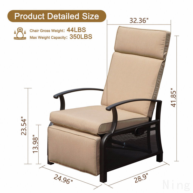 Chaise longue d'extérieur réglable en métal pour fauteuil inclinable avec dossier rabattable, angle réglable, coussins amovibles, support 350 lb, beige