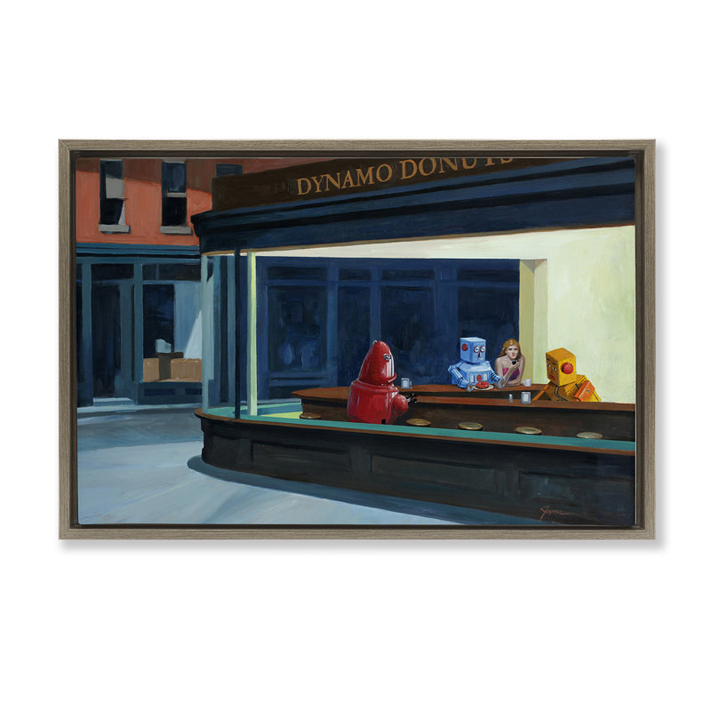 Cadre flottant Robots in Donut Shop, conception par Eric Joyner, Cadre flottant orme Montalcino, H 17 po x l 25 po