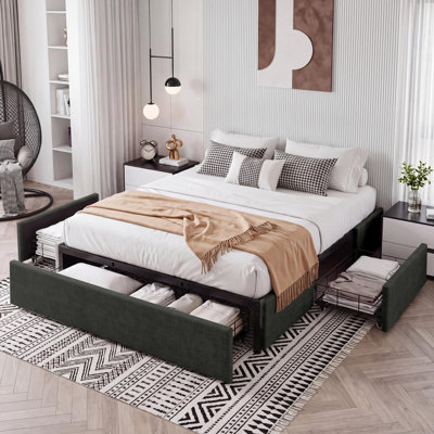 3-Drawer Underbed Storage Upholstered Platform Bed Frame, No Headboard - Space-Saving Low Profile Base - Queen, Dark Gray
