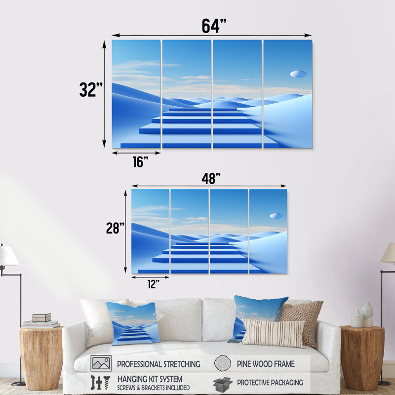 «Blue Zen Stairs Landscape - Abstract Landscape Wall Decor», ensemble de 4 pièces, H 28 po x l 48 po