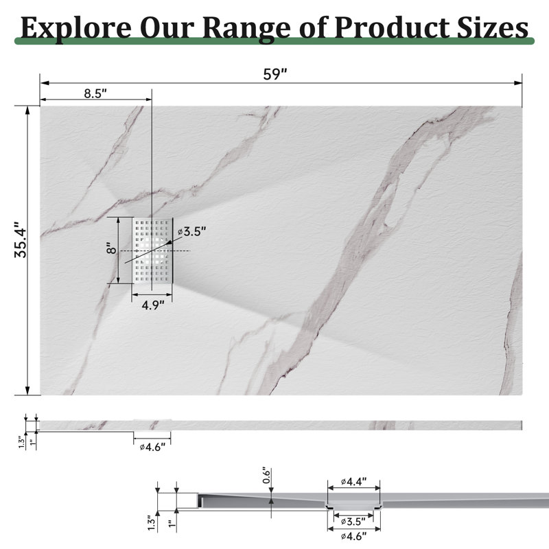 59/60" X 36" Curbless Shower Base, Solid Smc Low-profile Non-slip Shower Pan With Drain Cover, Wheelchair Accessible