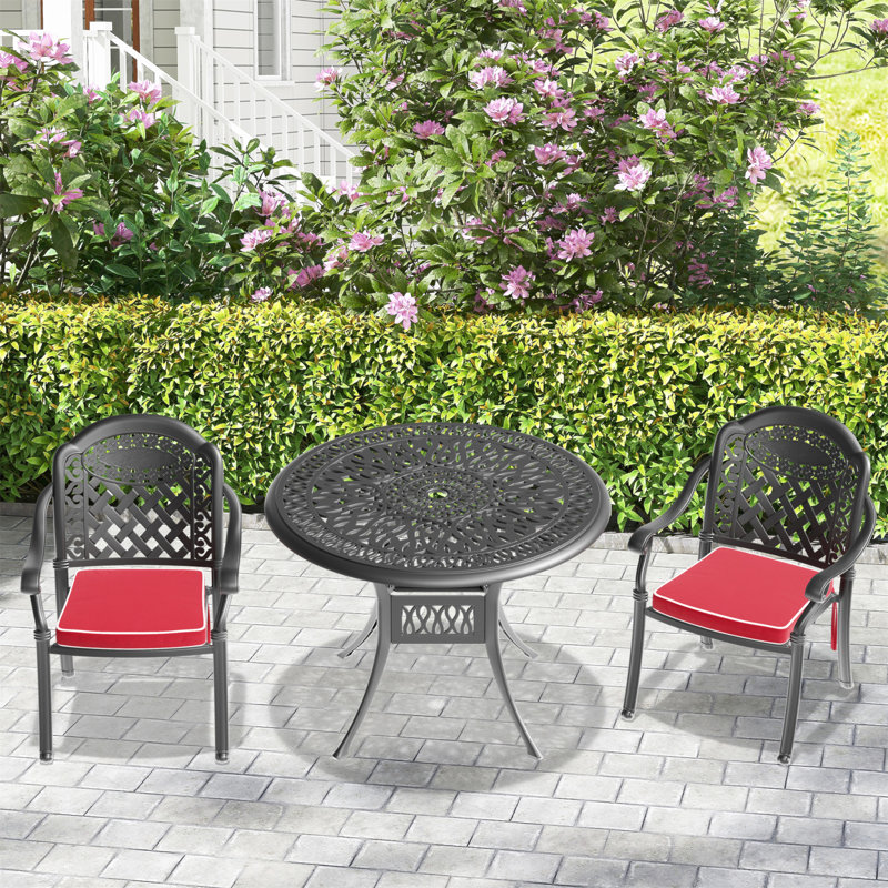 3-Piece Set Of Cast Aluminum Patio Furniture With Red Cushions, 2