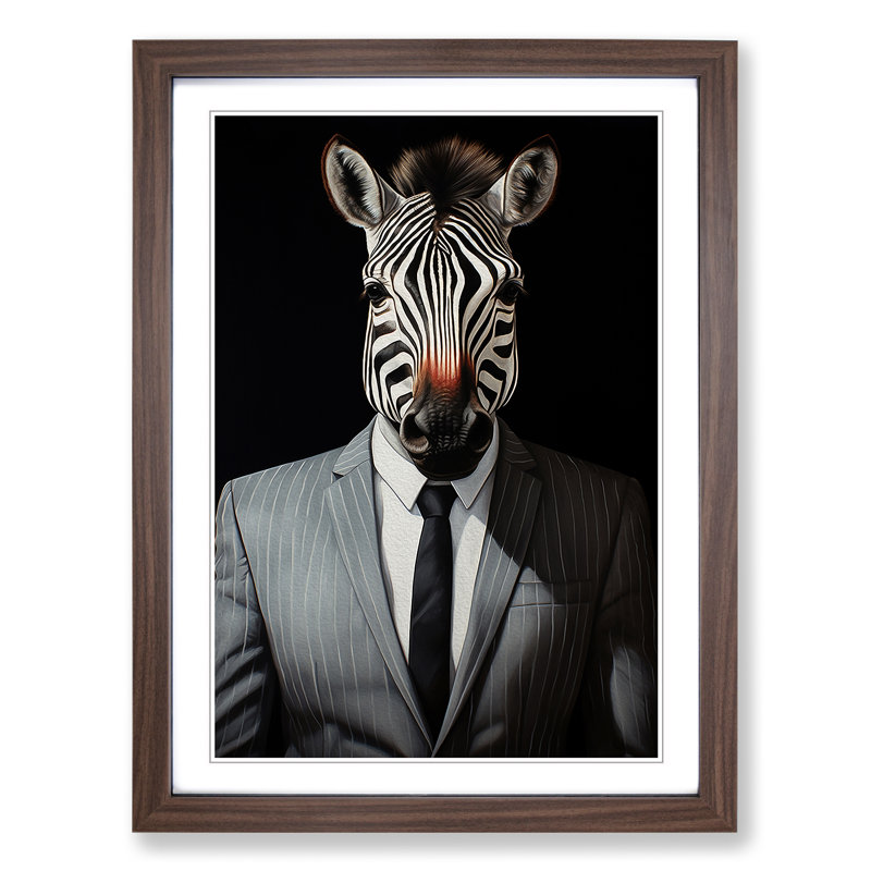 XYZ-FRM-V1223-1736 Zebra In A Suit Painting No.3 - Single Picture Frame Print on Wood, 34cm H x 25cm W x 2cm D, Walnut