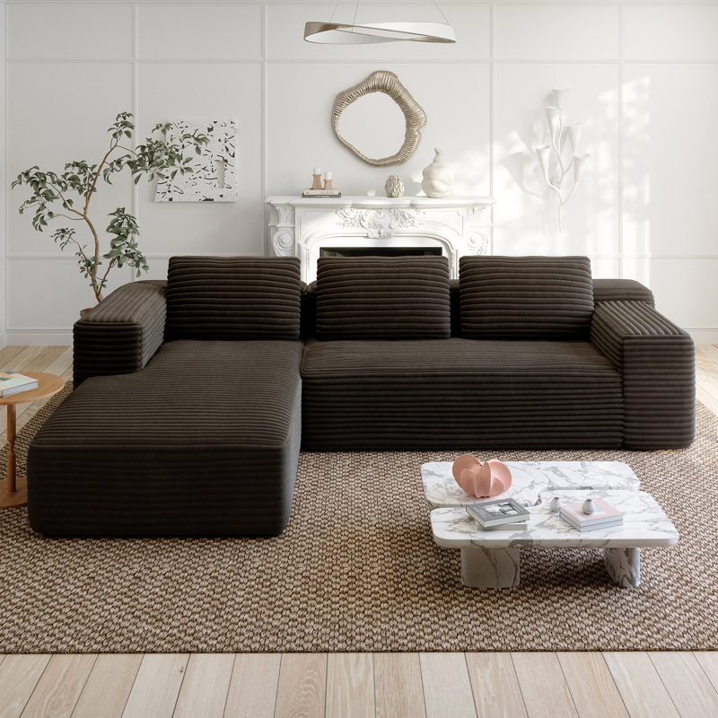 Upholstere Boneless Sectional Couch, 2-Piece Corduroy Sofa, Compression Cloud Modular L-Shape Chaise Modern Minimalist Comfy Sleeper Sofa for Living Room, No Assembly Required