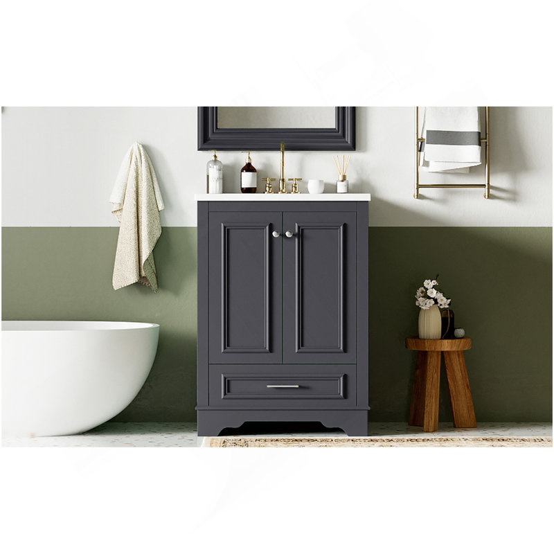 Meuble-lavabo 24 po avec lavabo en céramique, armoire de rangement autoportante moderne avec poignées argentées, portes à fermeture douce