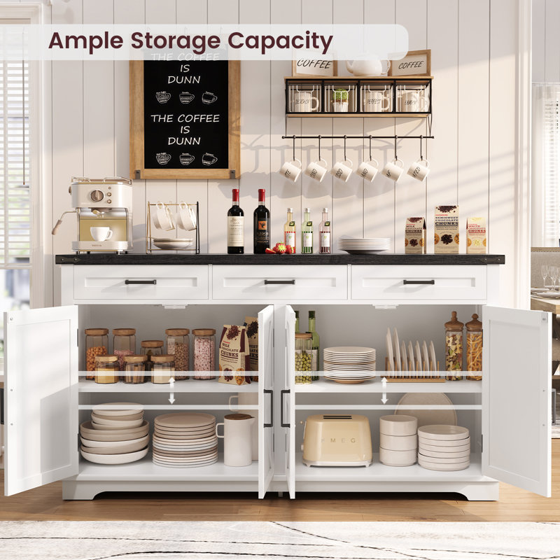 61.02" Large Sideboards, Farmhouse Buffet Sideboards Cabinets with Storage, Coffee Bar Wine Bar for Living Room, Black/White