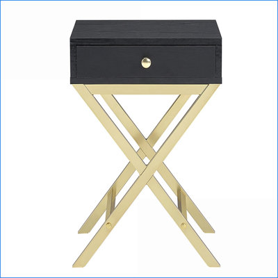 Table basse noire et laiton 1 tiroir peu encombrante avec base à tréteaux pour petites pièces