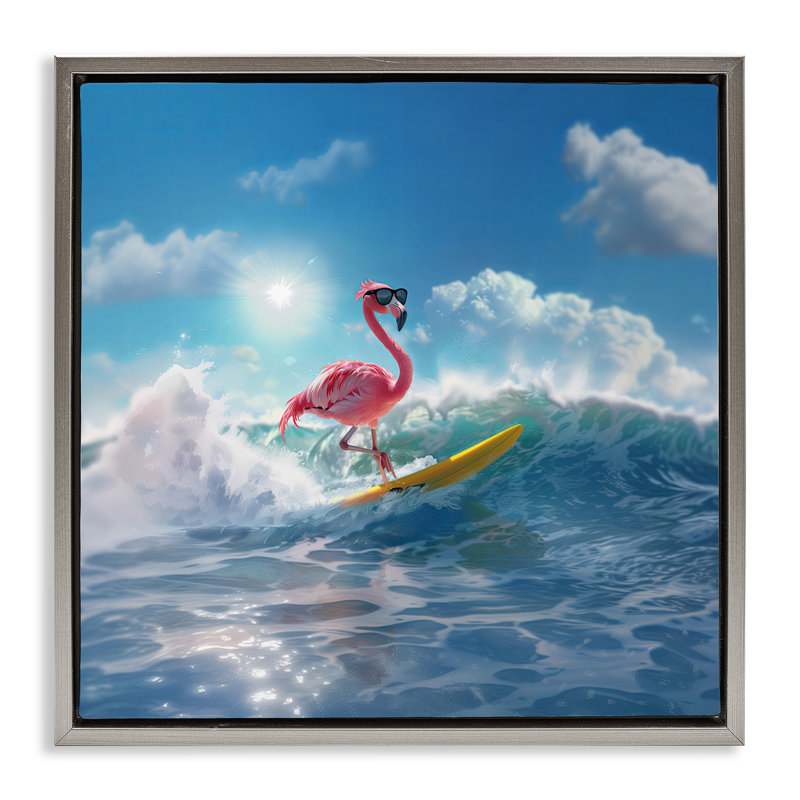 «Flamingo Surfing White Caps», art mural encadré flottant par Jim Baldwin, H 18 po x l 18 po, Cadre flottant gris lustré