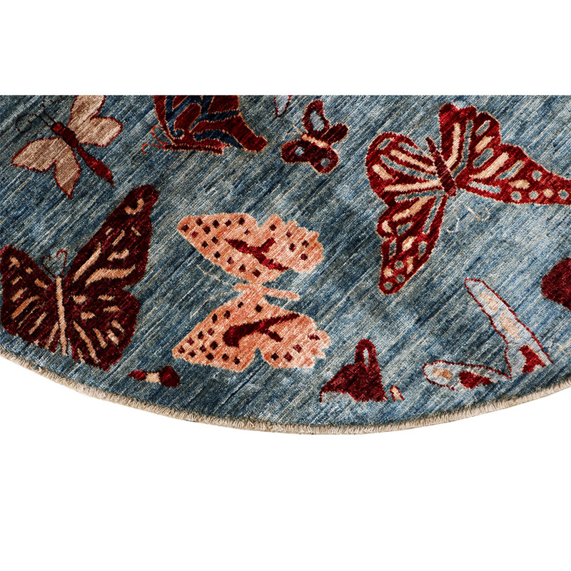 Tapis rond en laine noué à la main de conception unique de 7 pi en gris / rouge / beige