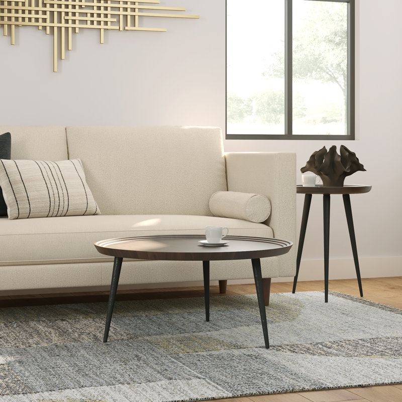 Cognac Round Tray-Top Coffee Table with Metal Legs