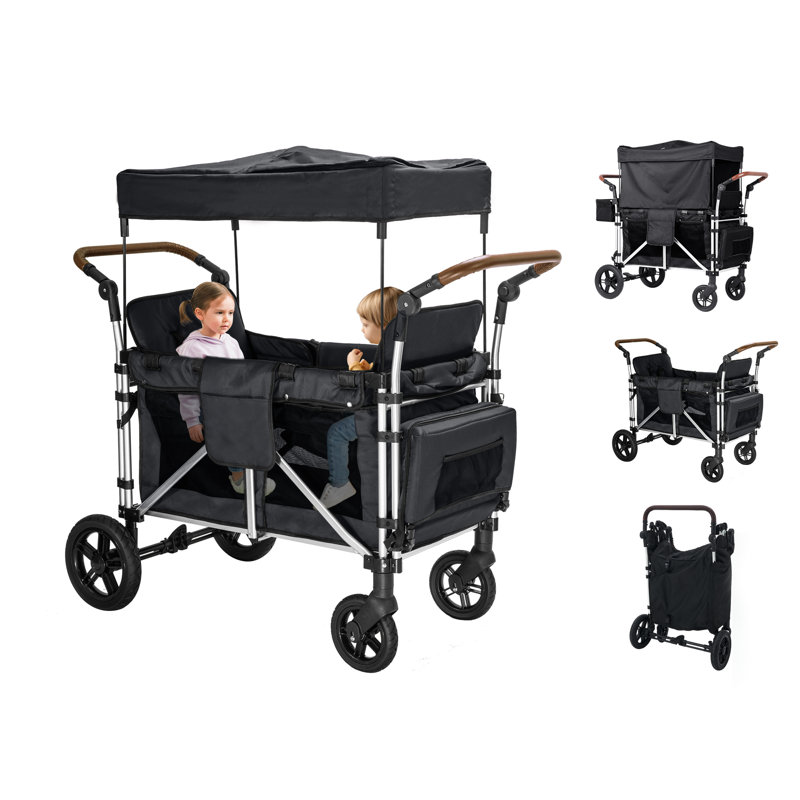 Stroller Wagon For 2 Kids,  Cart Featuring 2 High Seat With 5-point Harnesses And Adjustable Canopy, Foldable Double Push Bar For Garden