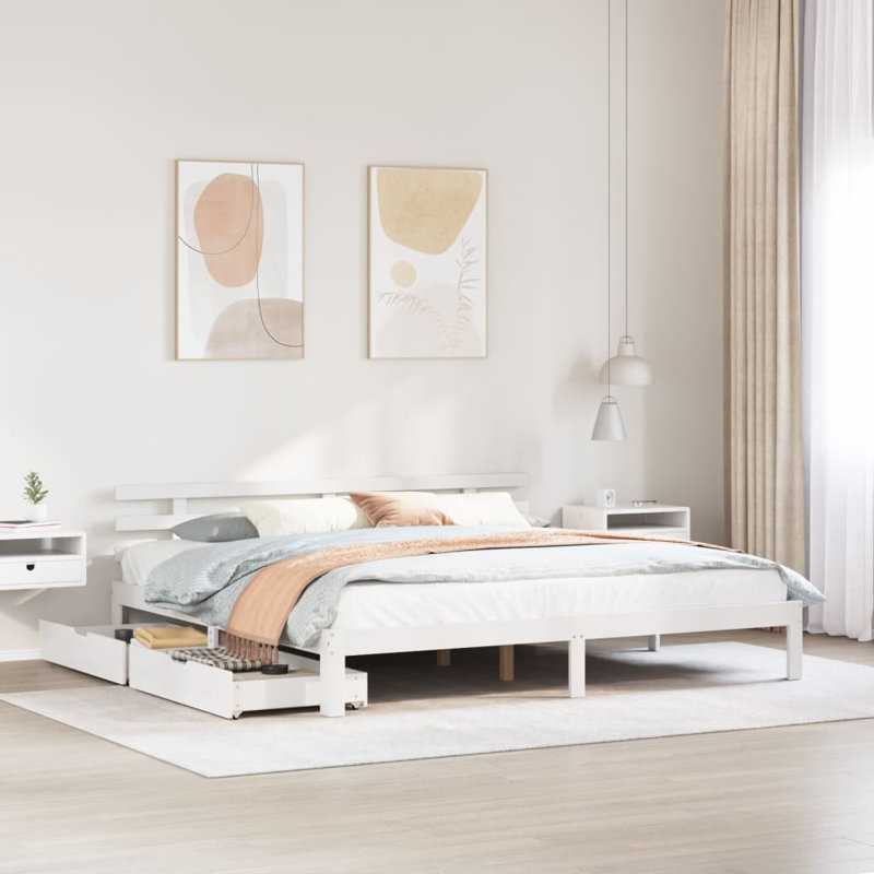 Bed Frame With Drawers Without Mattress, 200 x 200cm, White