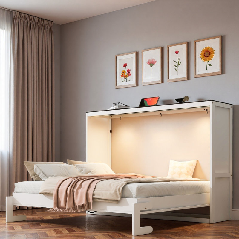 Lit escamotable avec lumière DEL, Blanc, Lit double