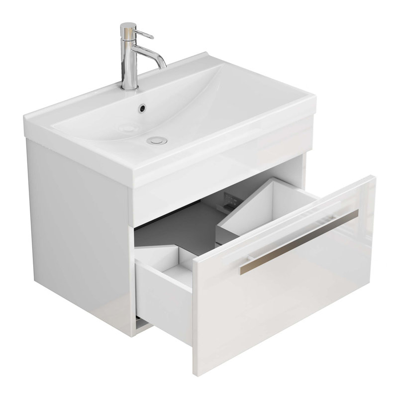 Meuble-lavabo mural de 24 po avec tiroir à fermeture en douceur, finition blanc brillant et lavabo en céramique à bords épais unique pour les salles de bain modernes