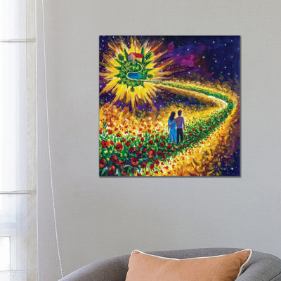 Couple In Love Walk Flower Road In Cosmos To Their Dream by Valery Rybakow - Wrapped Canvas Painting