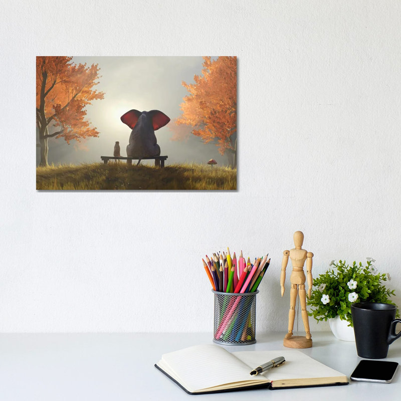 Elephant And Dog Sit In The Autumn Garden II by Mike Kiev - Print on Canvas, Wrapped Canvas, 20.32 cm H x 30.48 cm W