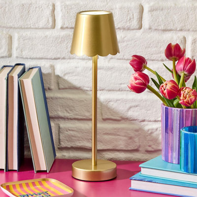 LED Portable Cordless Table Lamp - 14.5" H Iron Scalloped Edge Shade, Rechargeable Battery, 3-Color Stepless Dimming