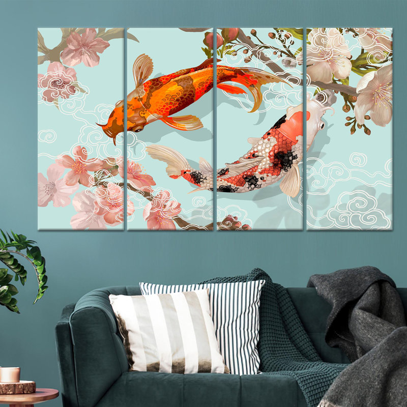 Printed Canvas: Japanese Koi Fish Wall Art - Zen Elegance,4P Wrapped Canvas, H: 43.3 x W:78.7 inches