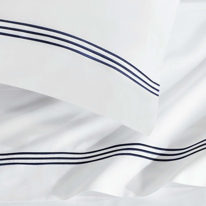 Ensemble de draps en coton Brandon, Ensemble de draps très grand californien avec 2 t, Blanc/bleu marine